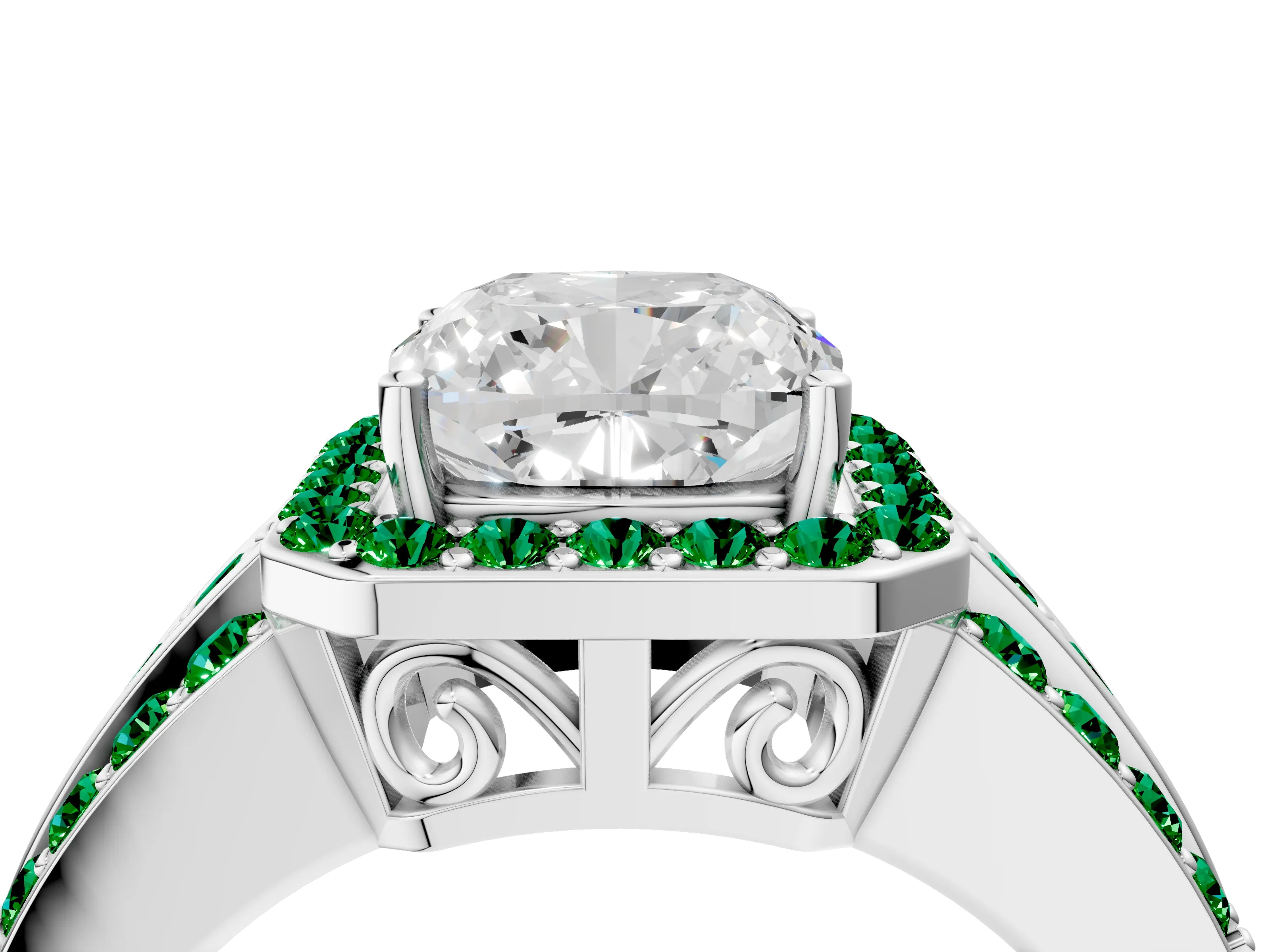 White gold Cushion Cut Halo Diamond Ring with Round with Emerald side stone Split Shank and Prong Setting_40