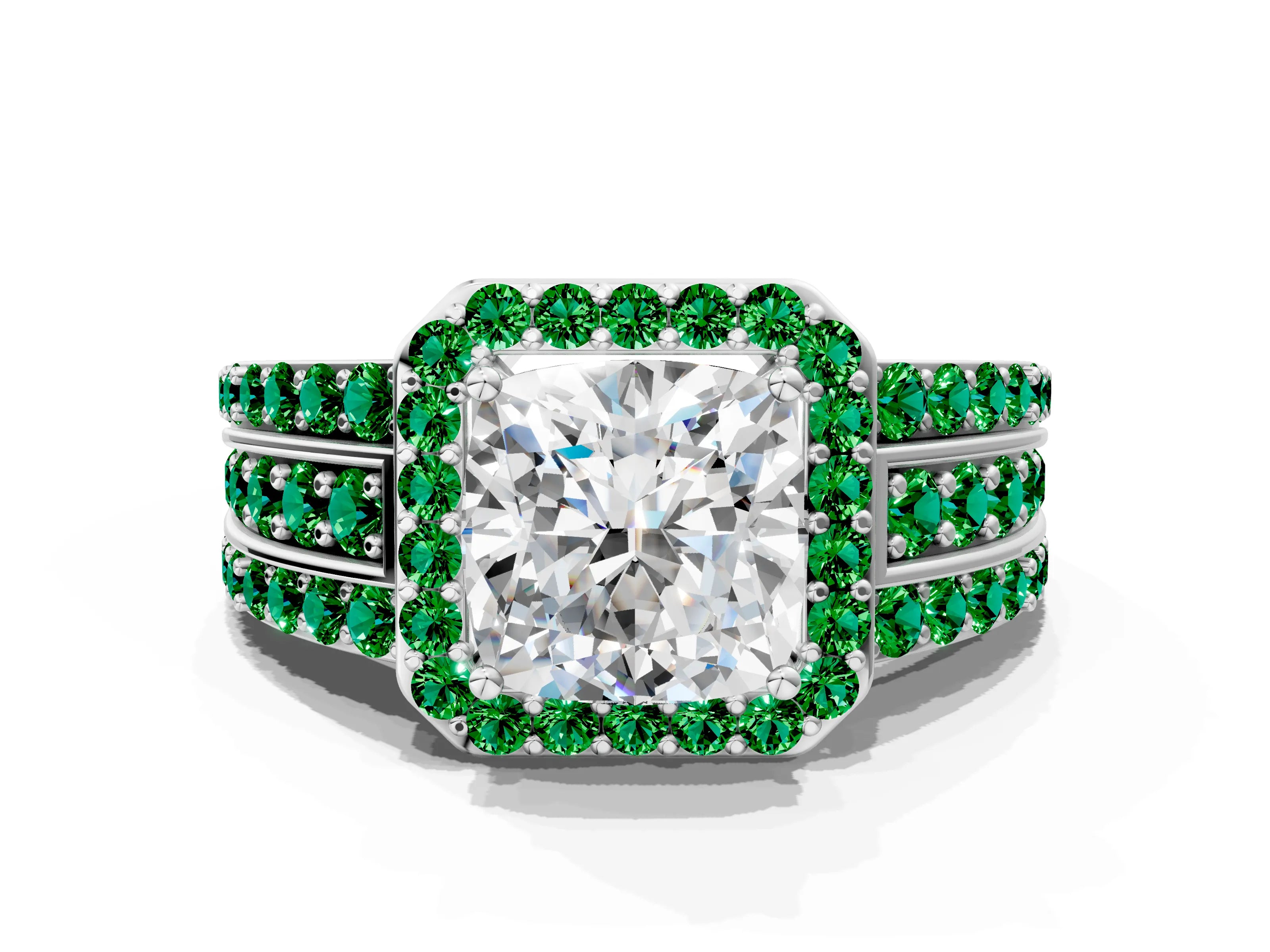 White gold Cushion Cut Halo Diamond Ring with Round with Emerald side stone Split Shank and Prong Setting_48