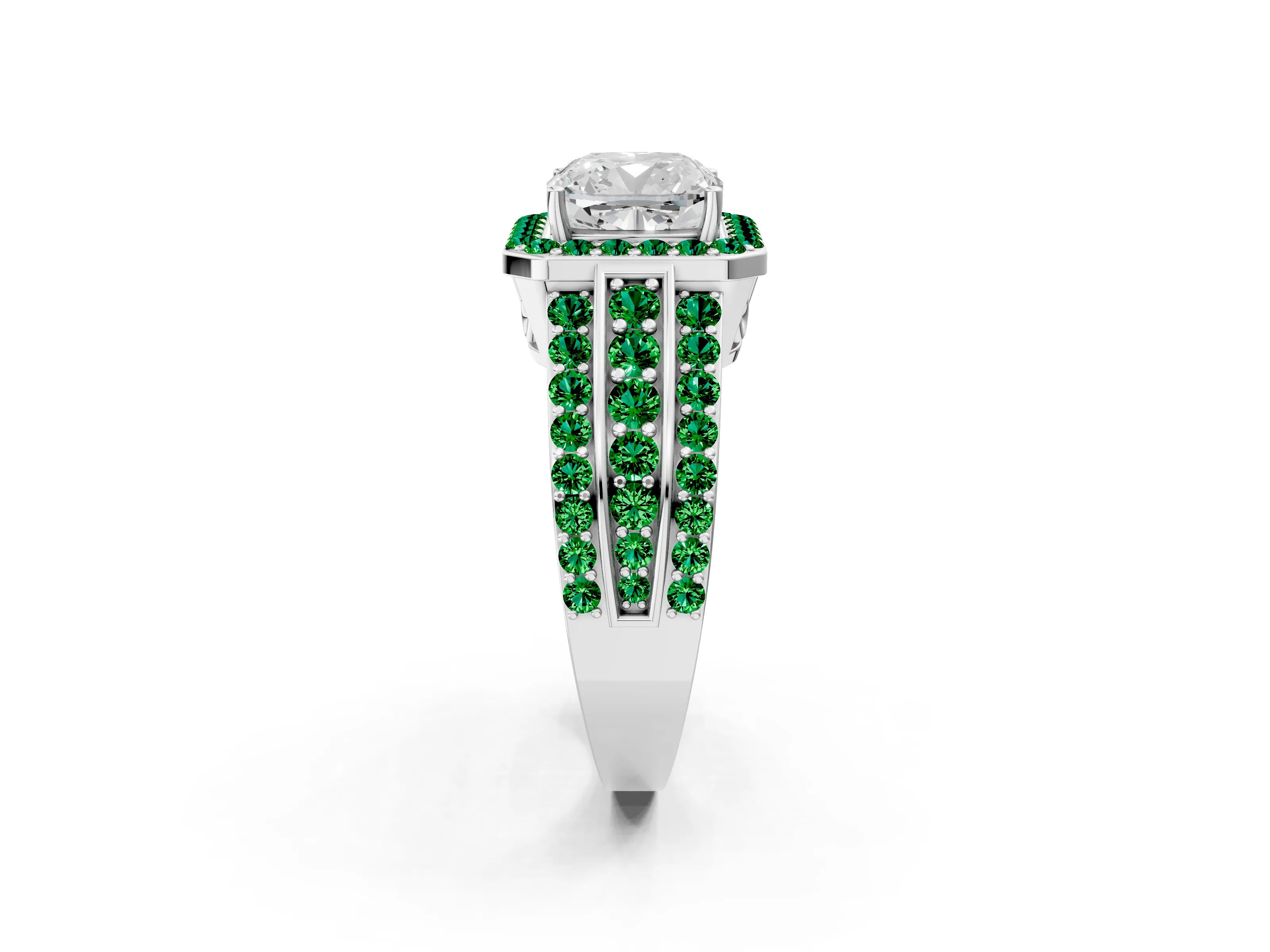 White gold Cushion Cut Halo Diamond Ring with Round with Emerald side stone Split Shank and Prong Setting_50
