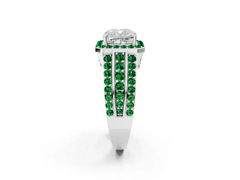 White gold Cushion Cut Halo Diamond Ring with Round with Emerald side stone Split Shank and Prong Setting_50