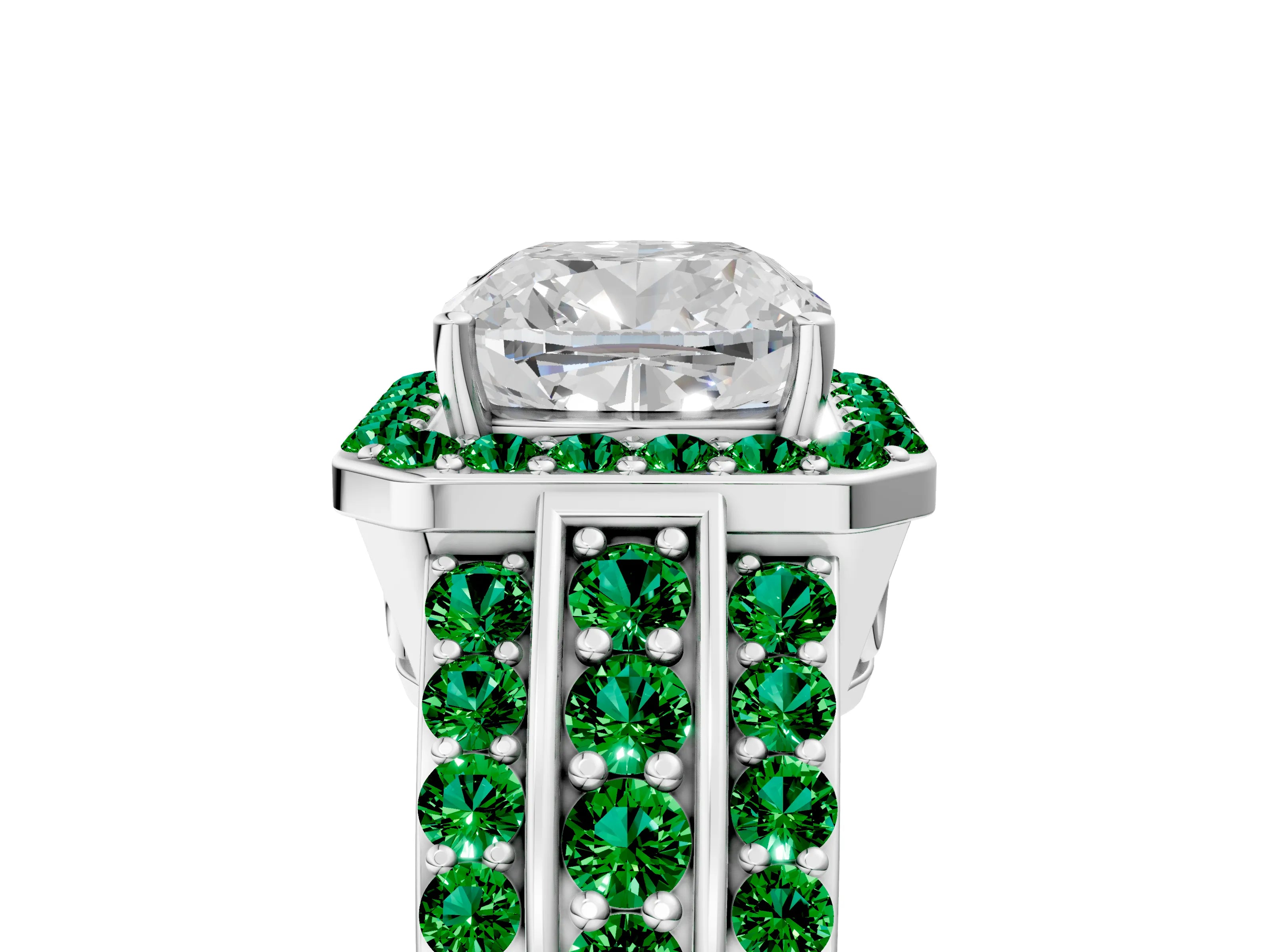 White gold Cushion Cut Halo Diamond Ring with Round with Emerald side stone Split Shank and Prong Setting_53