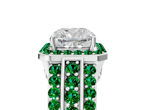 White gold Cushion Cut Halo Diamond Ring with Round with Emerald side stone Split Shank and Prong Setting_53