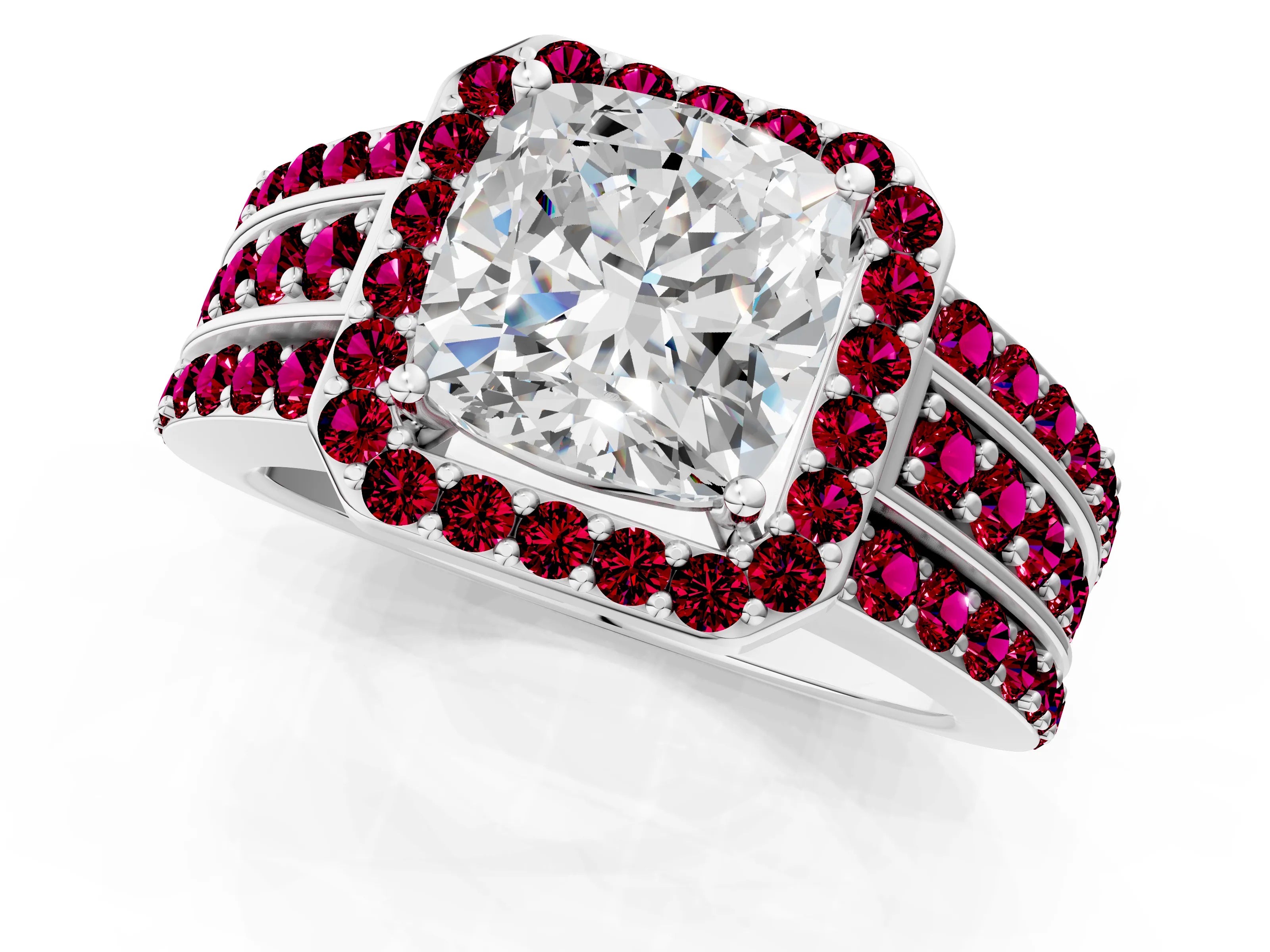 White gold Cushion Cut Halo Diamond Ring with Round with Garnet side stone Split Shank and Prong Setting_25