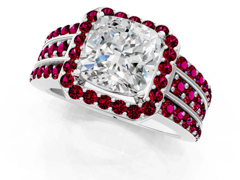 White gold Cushion Cut Halo Diamond Ring with Round with Garnet side stone Split Shank and Prong Setting_25