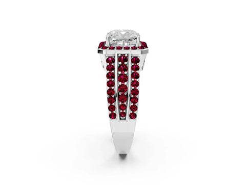 White gold Cushion Cut Halo Diamond Ring with Round with Garnet side stone Split Shank and Prong Setting_26
