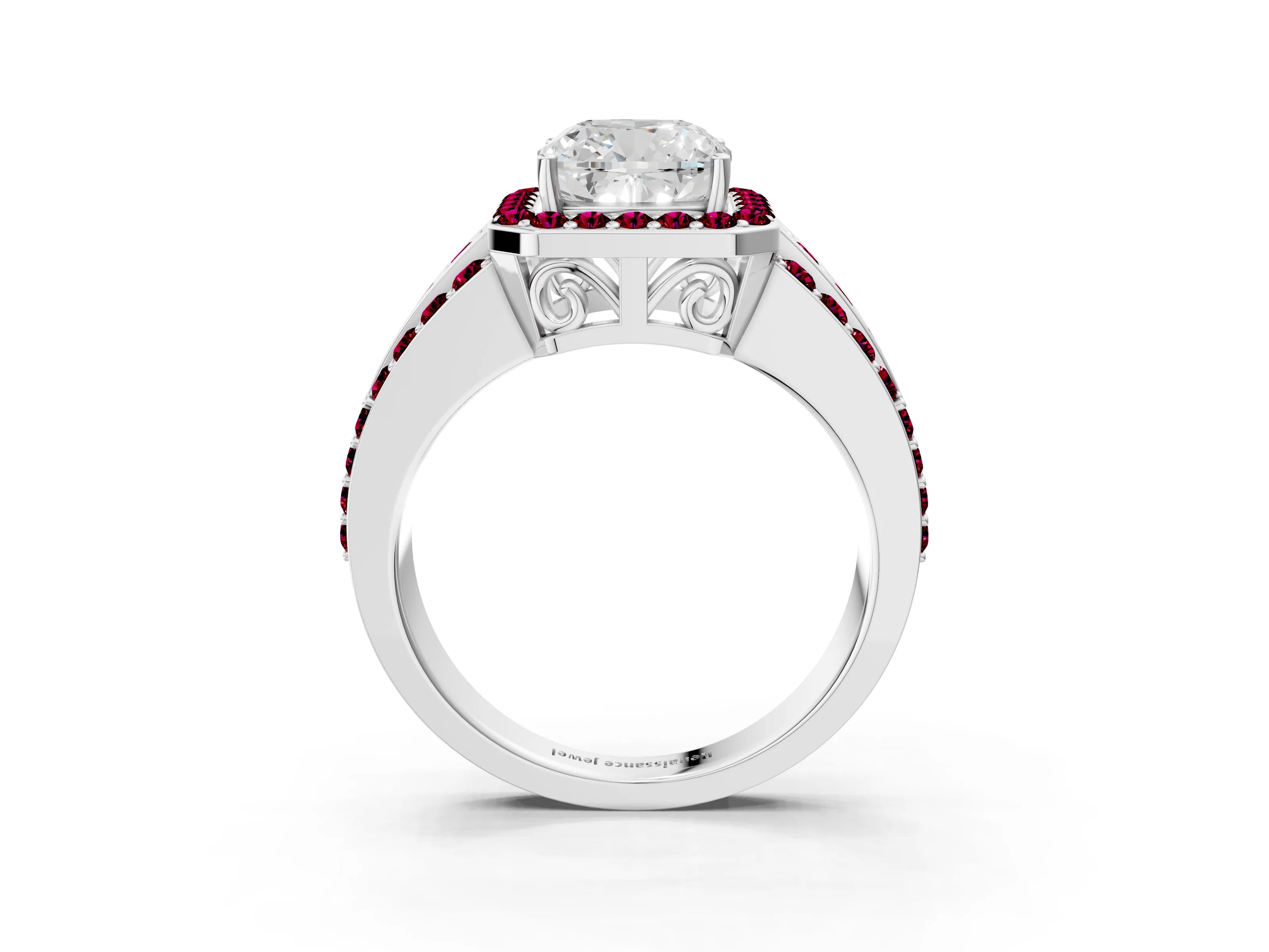 White gold Cushion Cut Halo Diamond Ring with Round with Garnet side stone Split Shank and Prong Setting_27