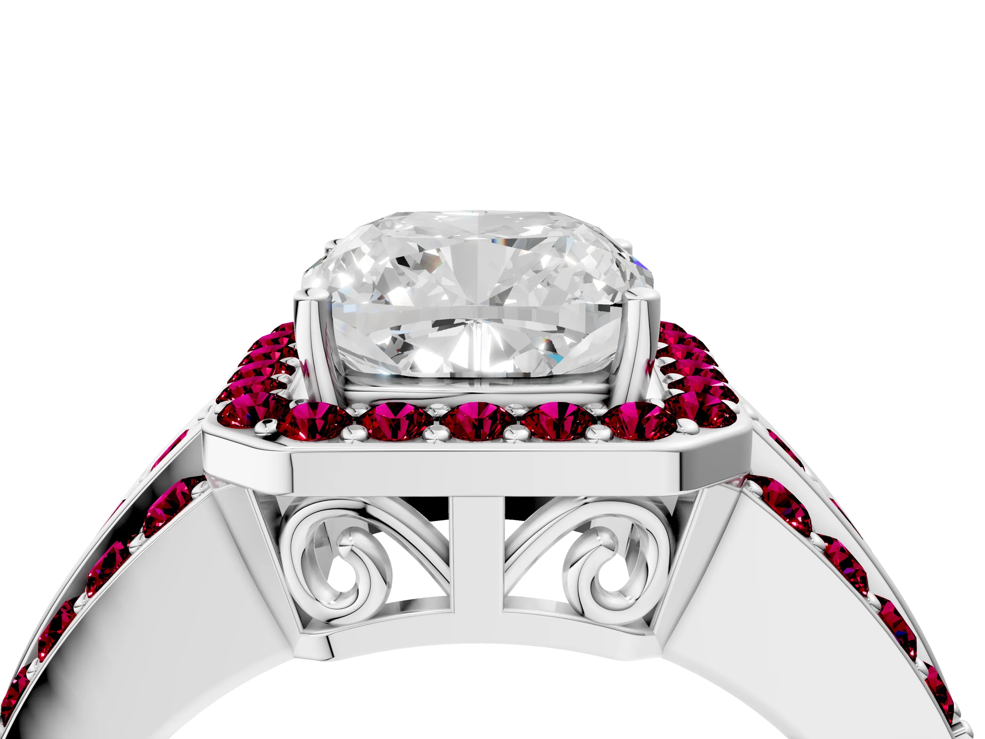 White gold Cushion Cut Halo Diamond Ring with Round with Garnet side stone Split Shank and Prong Setting_28