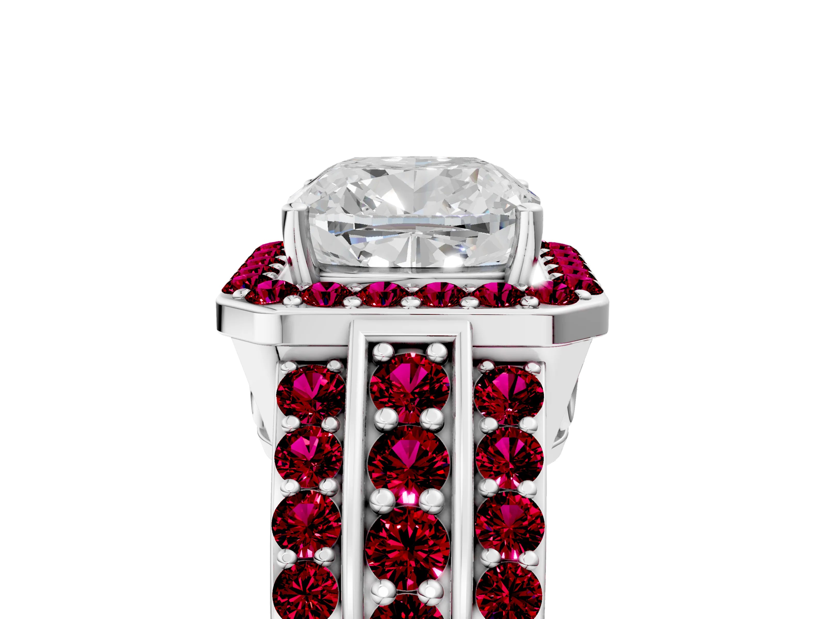 White gold Cushion Cut Halo Diamond Ring with Round with Garnet side stone Split Shank and Prong Setting_29