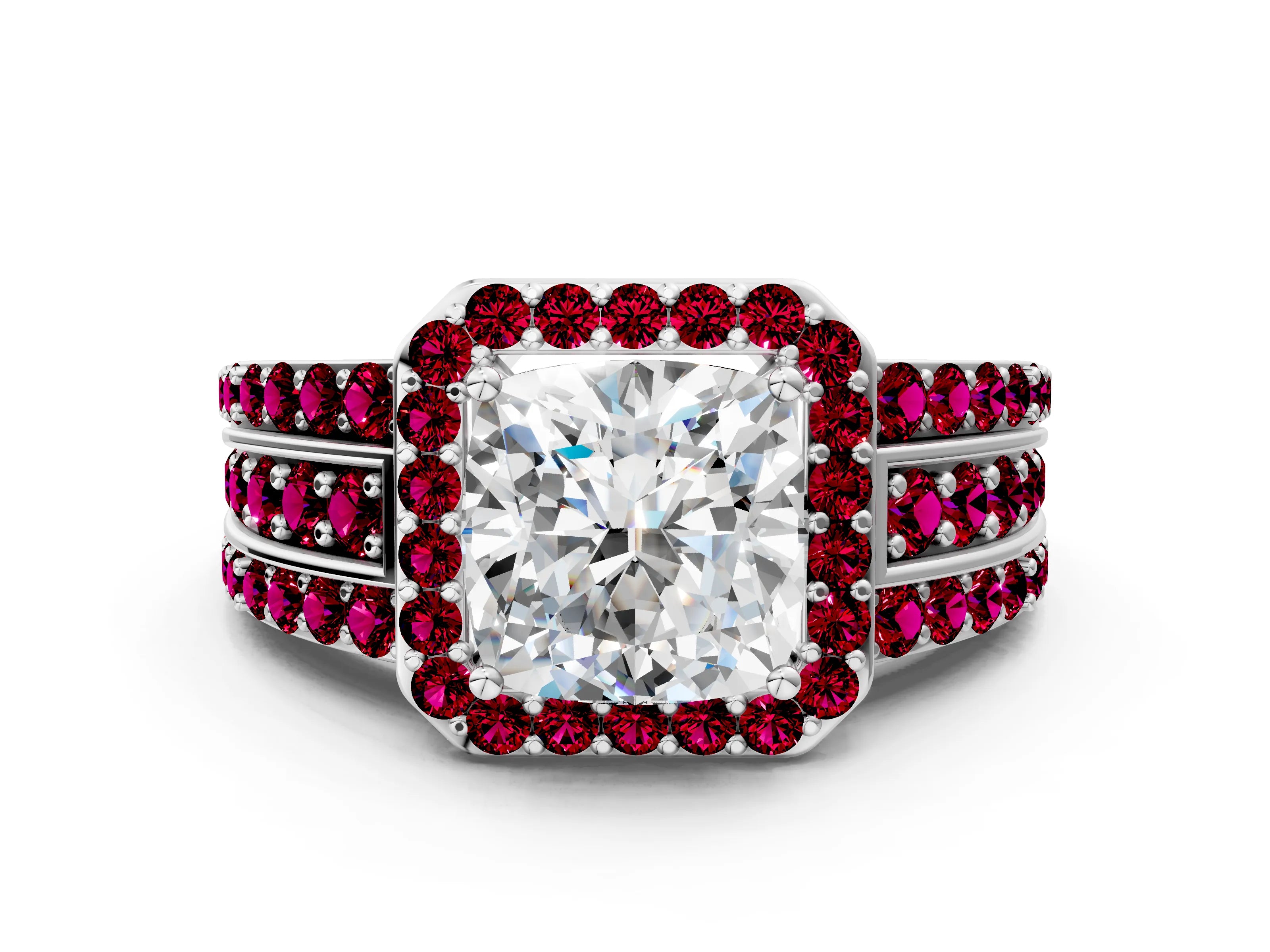 White gold Cushion Cut Halo Diamond Ring with Round with Garnet side stone Split Shank and Prong Setting_36