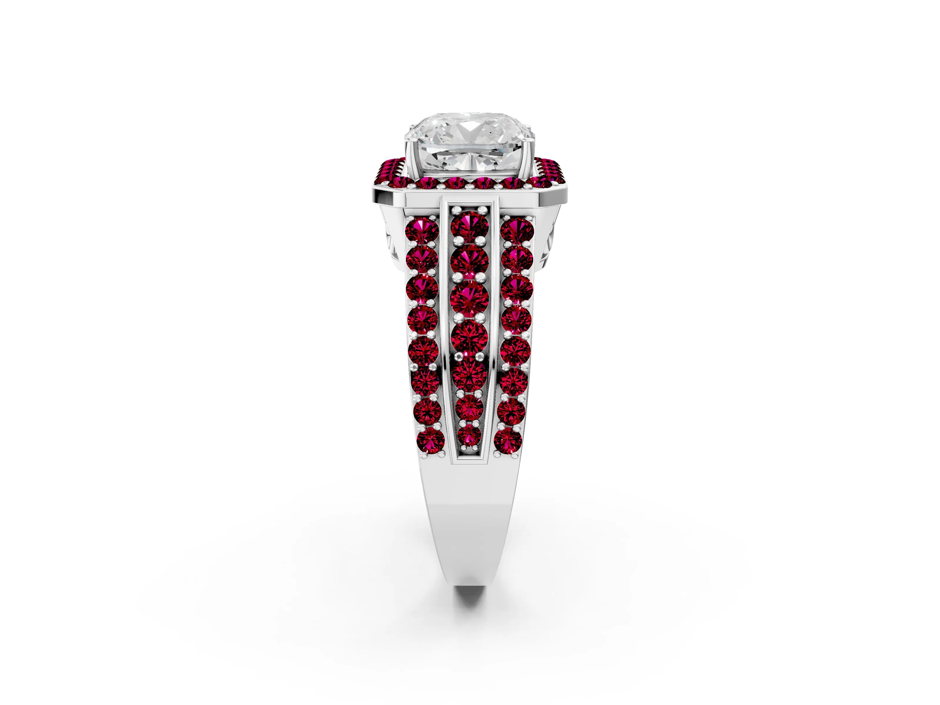 White gold Cushion Cut Halo Diamond Ring with Round with Garnet side stone Split Shank and Prong Setting_38