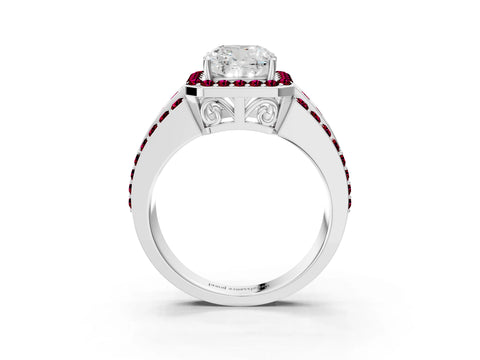 White gold Cushion Cut Halo Diamond Ring with Round with Garnet side stone Split Shank and Prong Setting_39