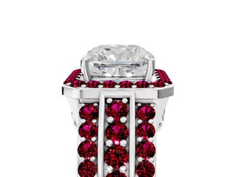 White gold Cushion Cut Halo Diamond Ring with Round with Garnet side stone Split Shank and Prong Setting_41