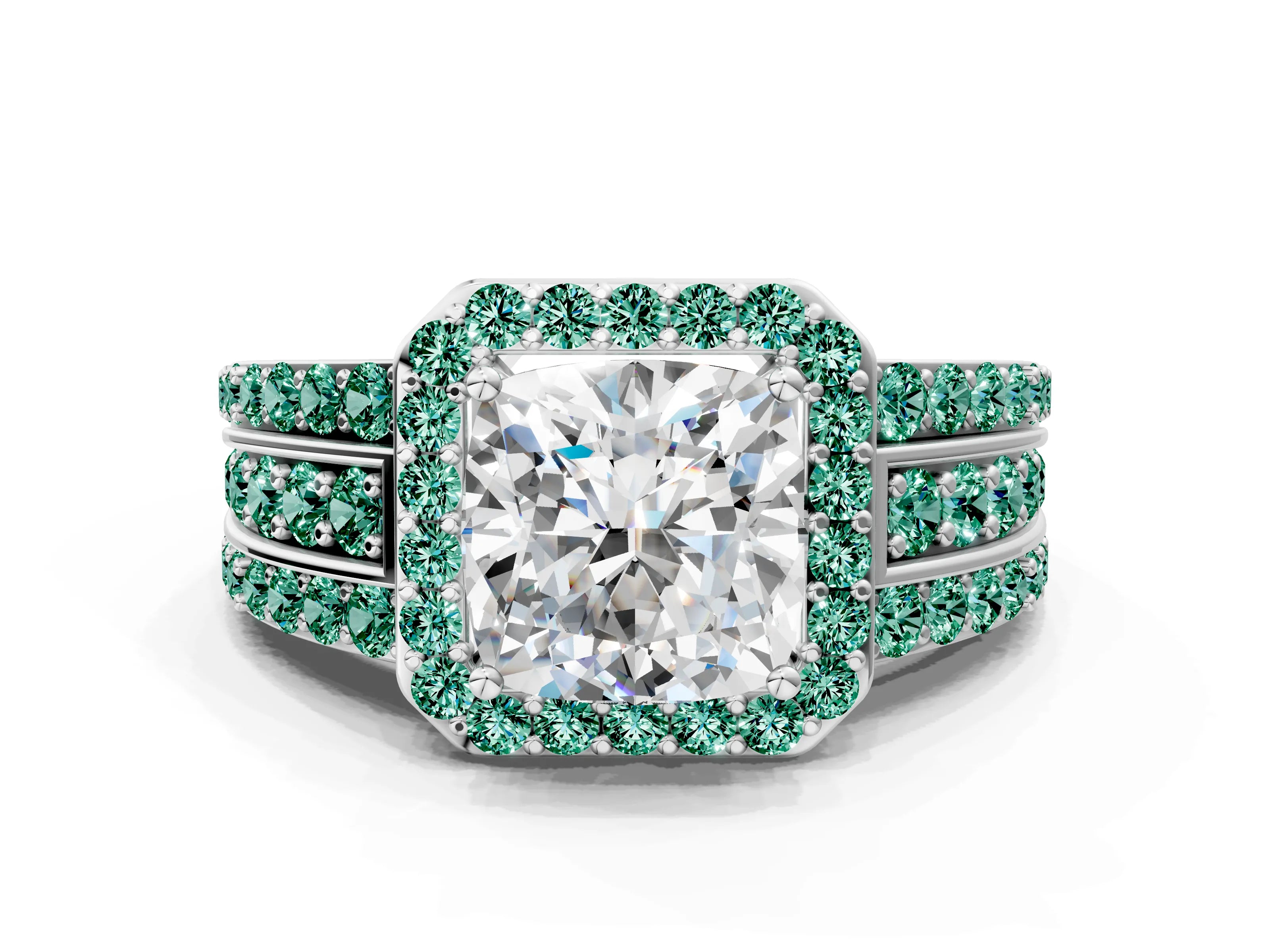 White gold Cushion Cut Halo Diamond Ring with Round with Green Sapphire side stone Split Shank and Prong Setting_24