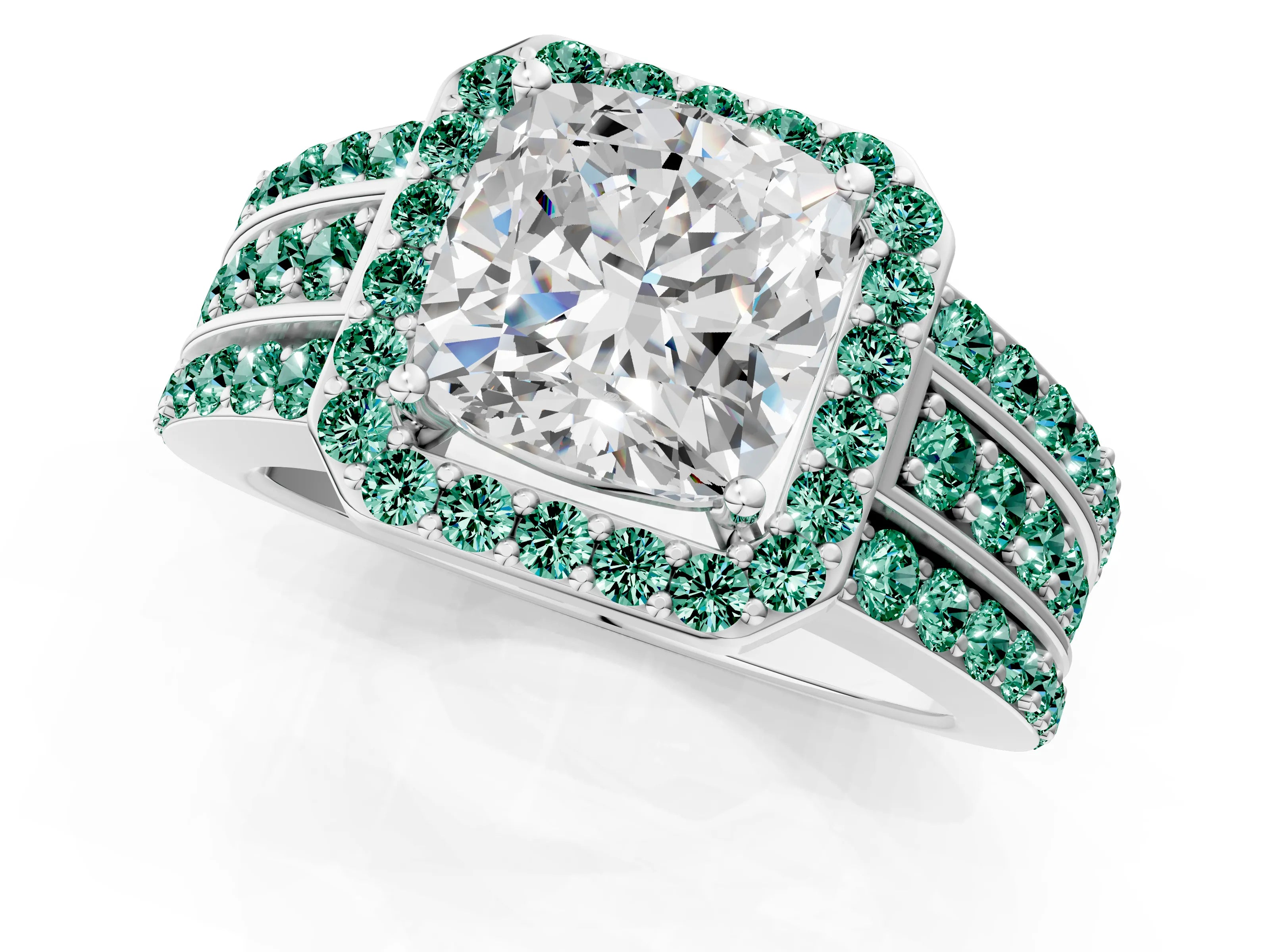 White gold Cushion Cut Halo Diamond Ring with Round with Green Sapphire side stone Split Shank and Prong Setting_25