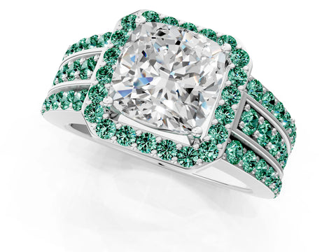 White gold Cushion Cut Halo Diamond Ring with Round with Green Sapphire side stone Split Shank and Prong Setting_25