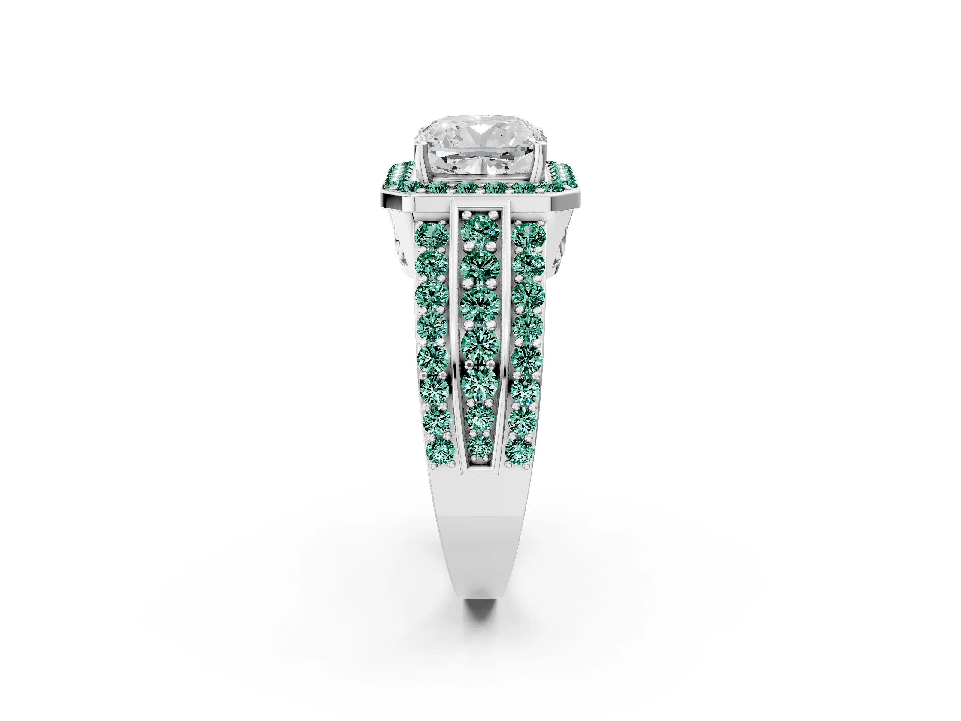 White gold Cushion Cut Halo Diamond Ring with Round with Green Sapphire side stone Split Shank and Prong Setting_26