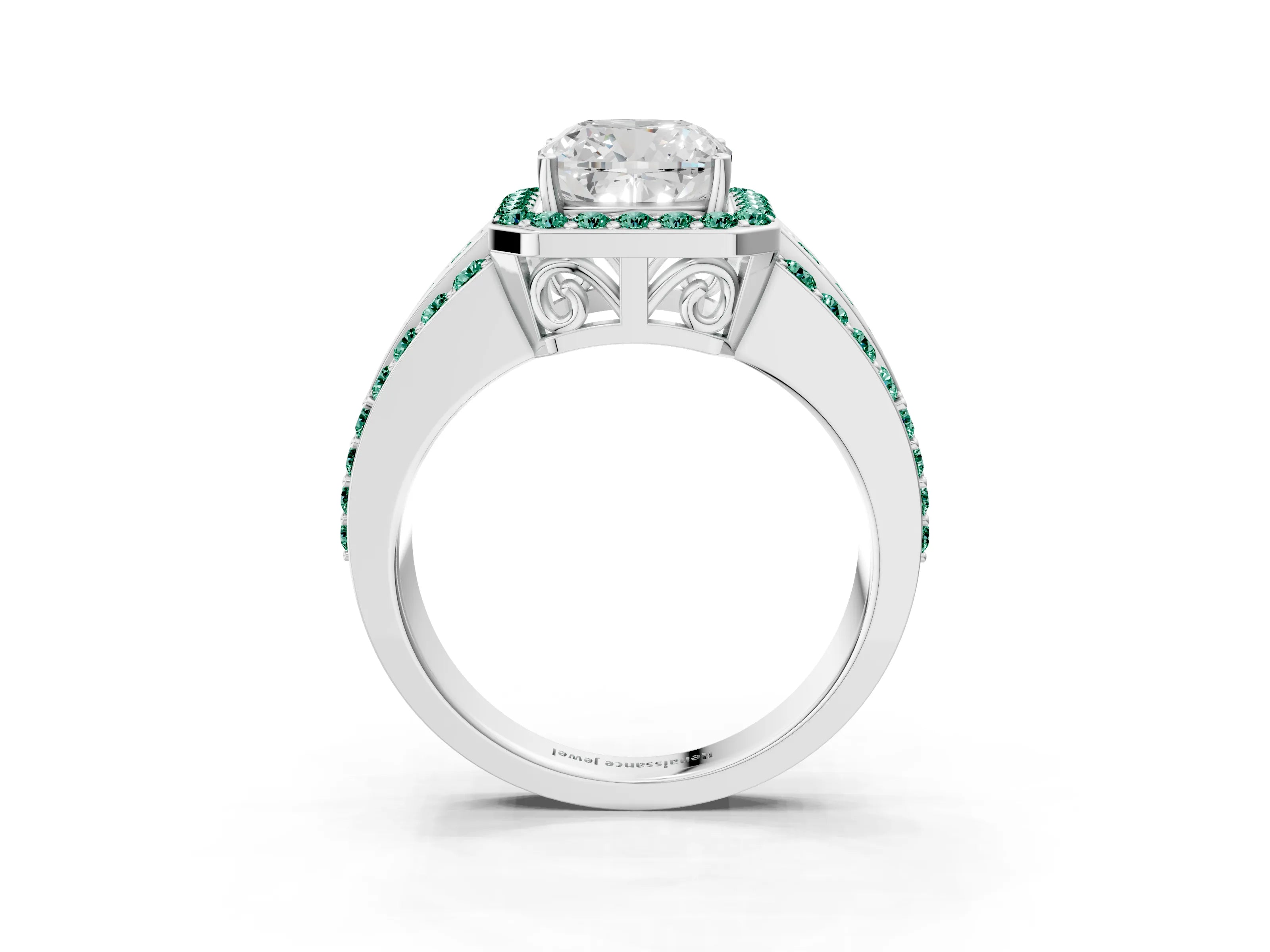 White gold Cushion Cut Halo Diamond Ring with Round with Green Sapphire side stone Split Shank and Prong Setting_27