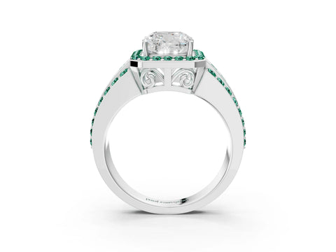 White gold Cushion Cut Halo Diamond Ring with Round with Green Sapphire side stone Split Shank and Prong Setting_27