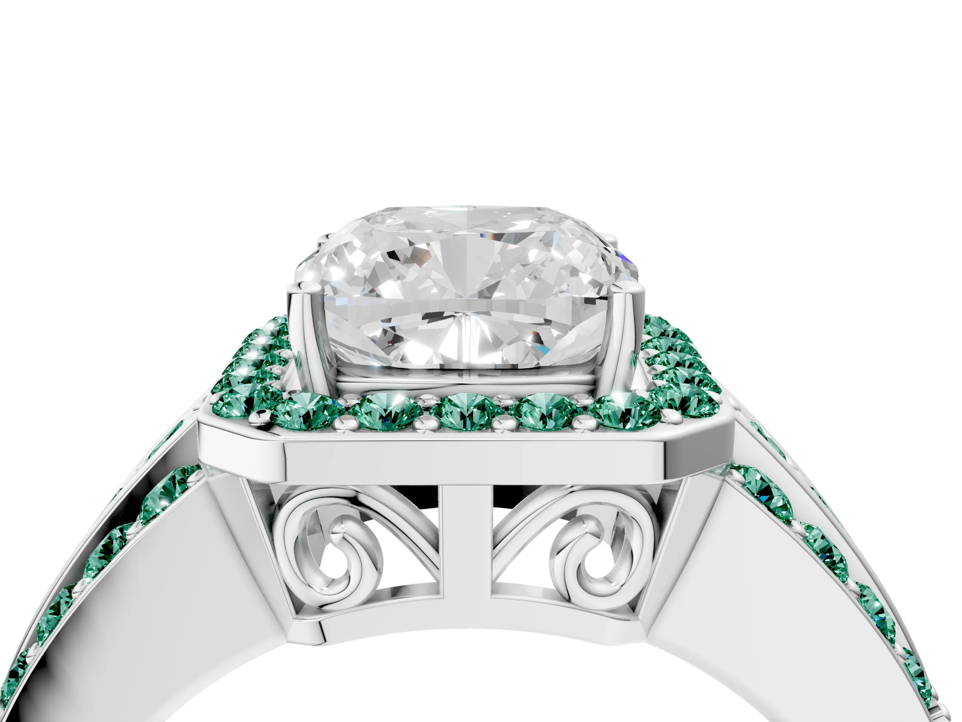 White gold Cushion Cut Halo Diamond Ring with Round with Green Sapphire side stone Split Shank and Prong Setting_28
