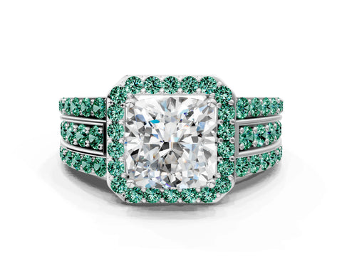 White gold Cushion Cut Halo Diamond Ring with Round with Green Sapphire side stone Split Shank and Prong Setting_32