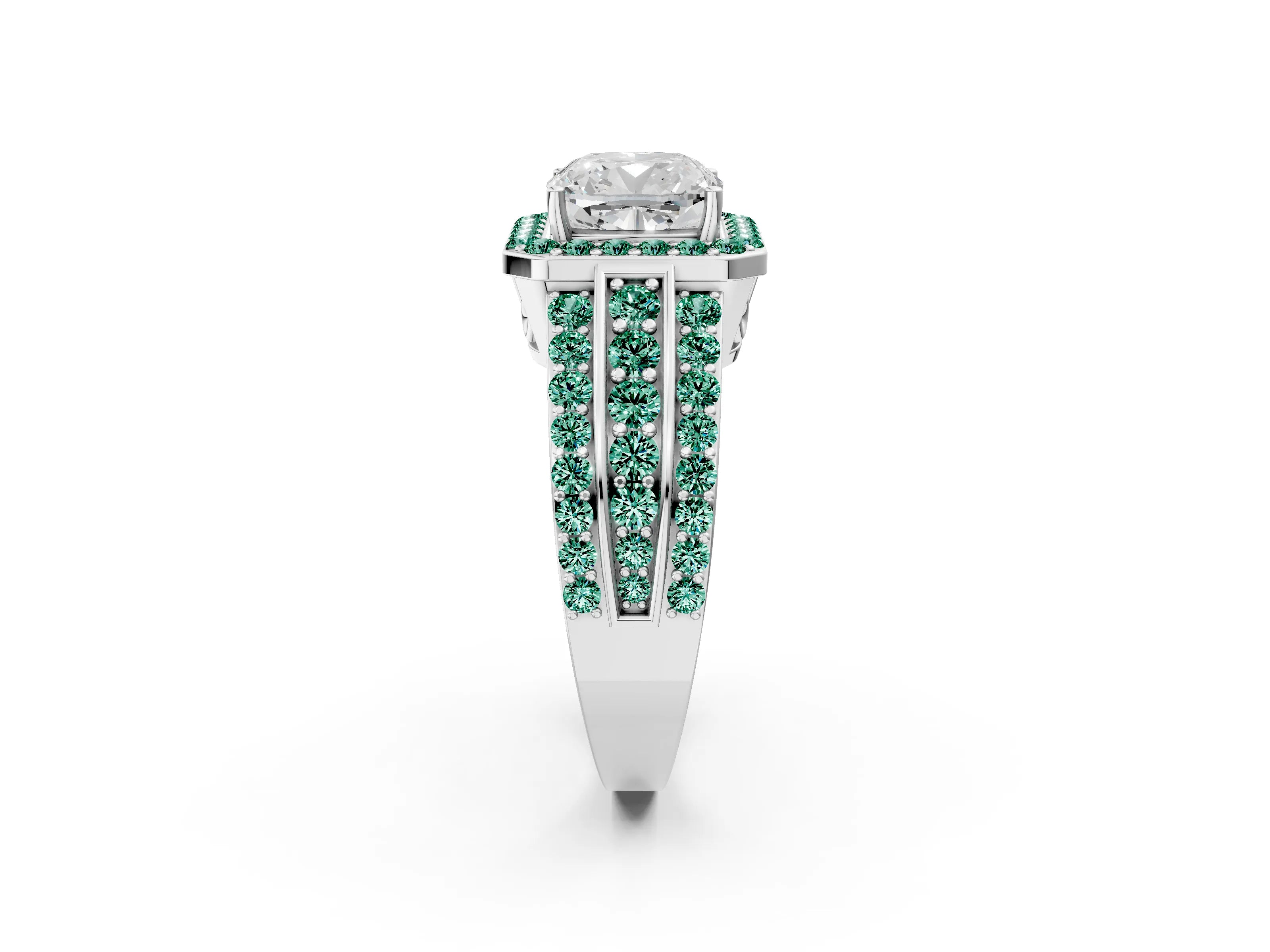 White gold Cushion Cut Halo Diamond Ring with Round with Green Sapphire side stone Split Shank and Prong Setting_34