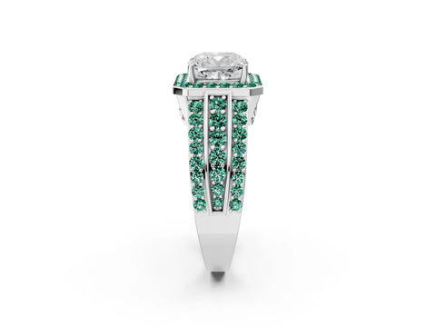 White gold Cushion Cut Halo Diamond Ring with Round with Green Sapphire side stone Split Shank and Prong Setting_34