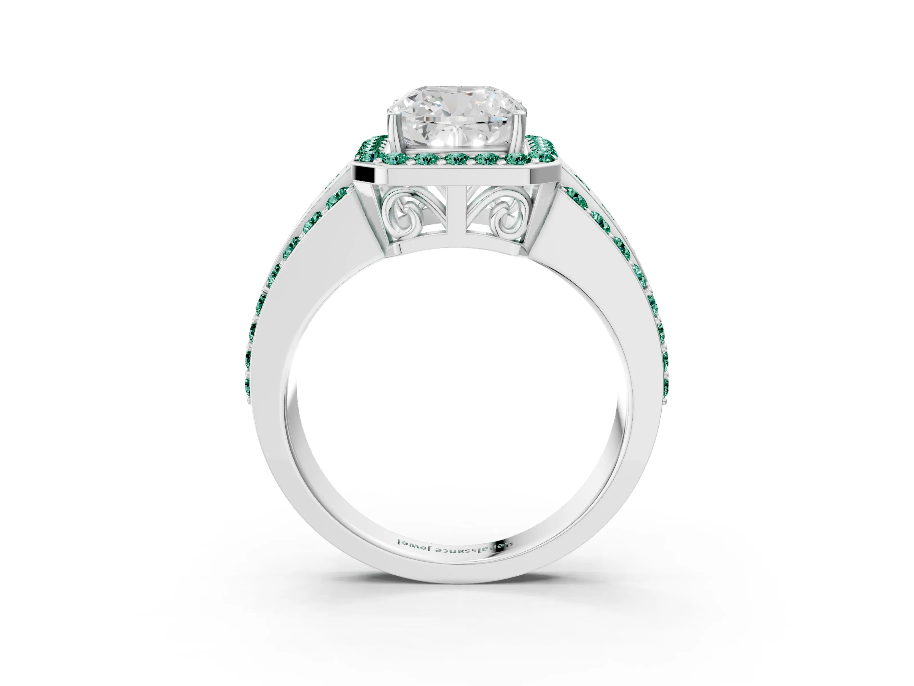 White gold Cushion Cut Halo Diamond Ring with Round with Green Sapphire side stone Split Shank and Prong Setting_35