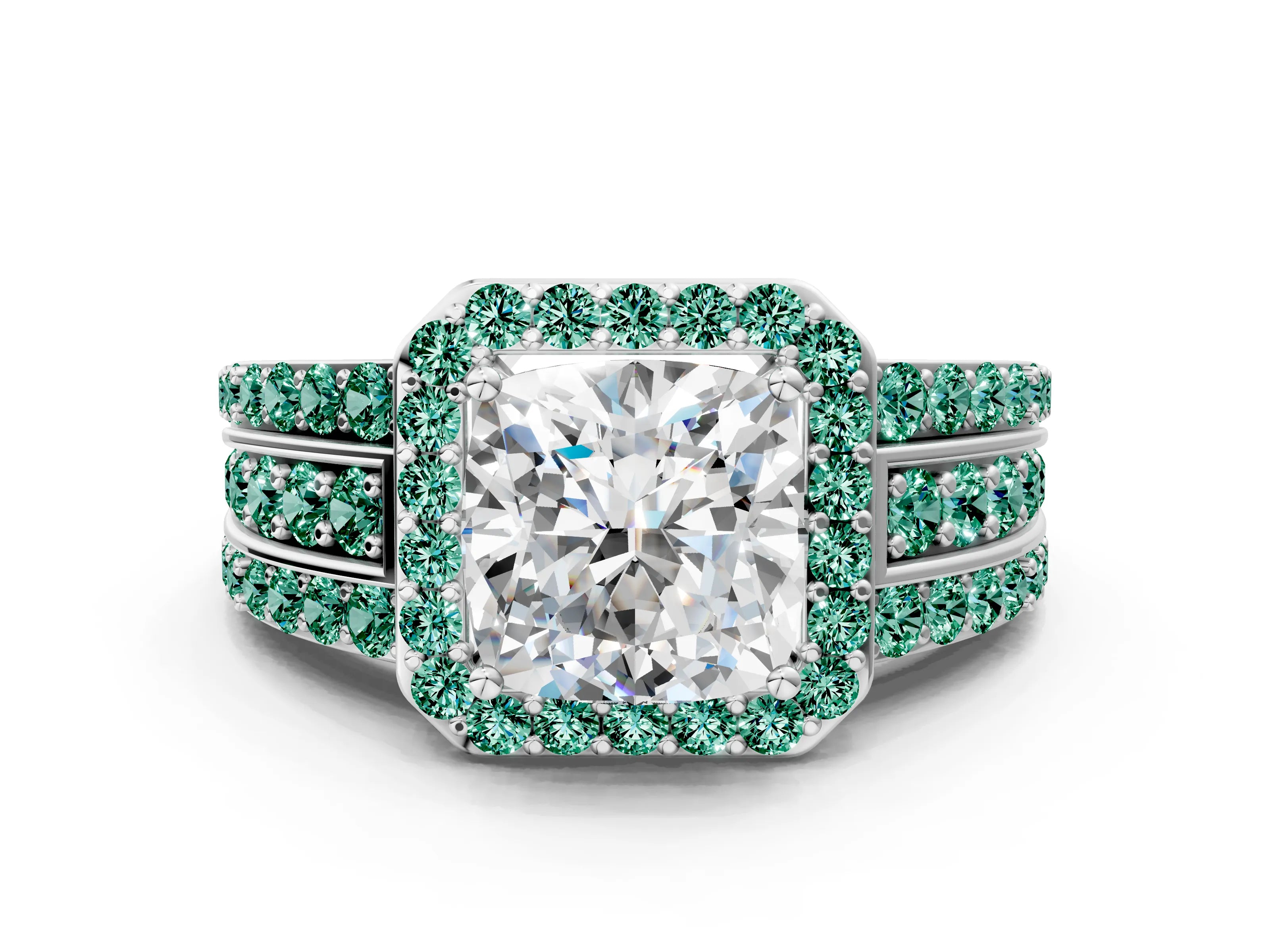 White gold Cushion Cut Halo Diamond Ring with Round with Green Sapphire side stone Split Shank and Prong Setting_36