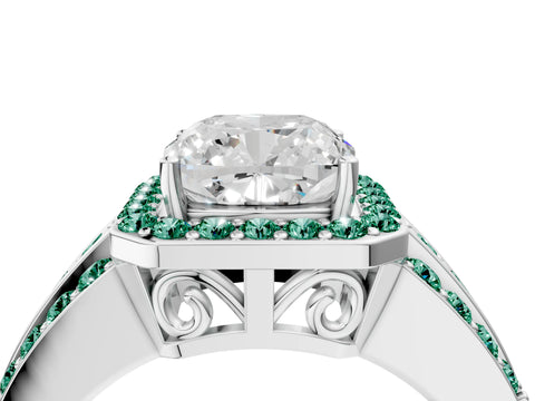 White gold Cushion Cut Halo Diamond Ring with Round with Green Sapphire side stone Split Shank and Prong Setting_36