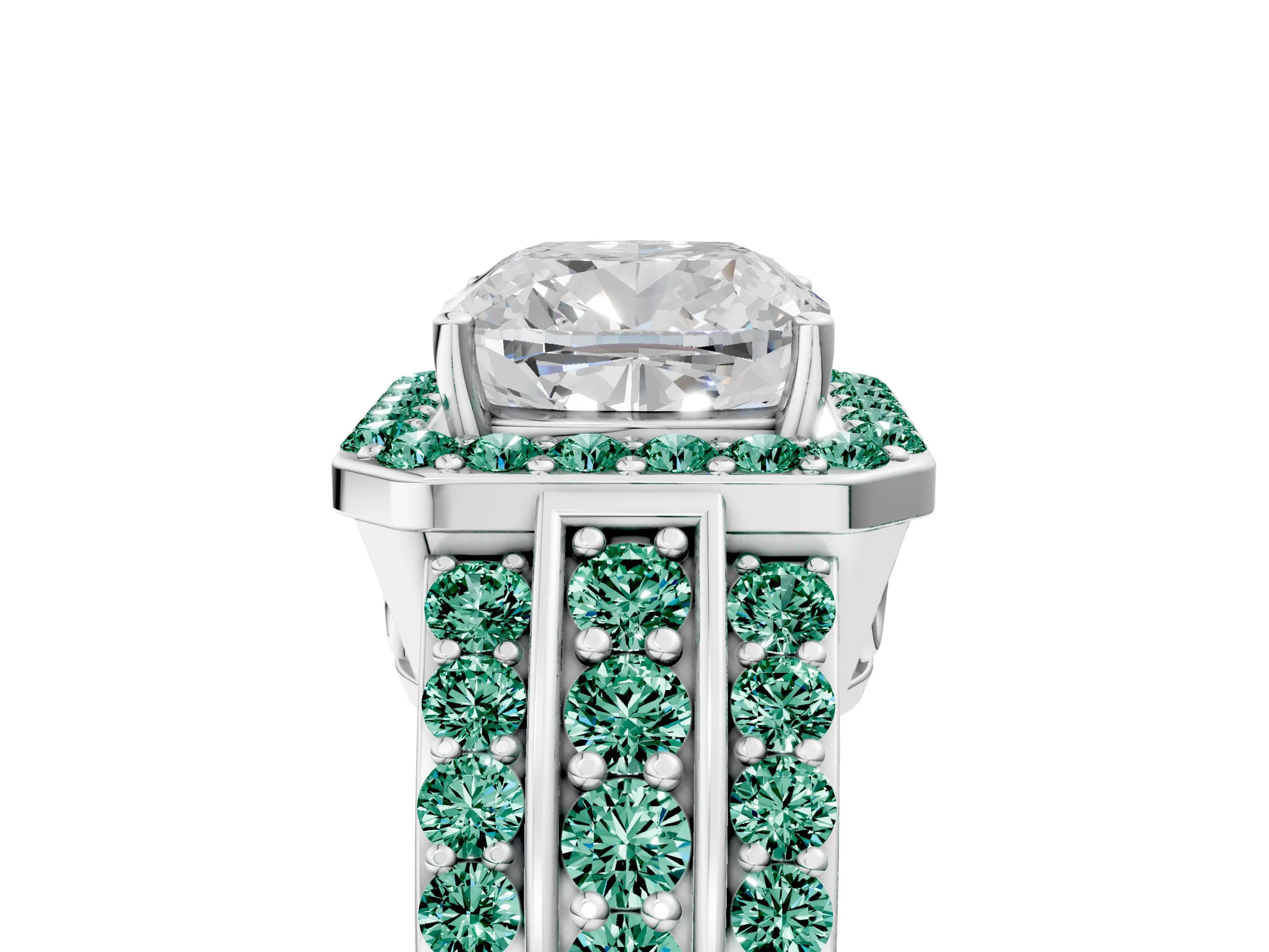 White gold Cushion Cut Halo Diamond Ring with Round with Green Sapphire side stone Split Shank and Prong Setting_37