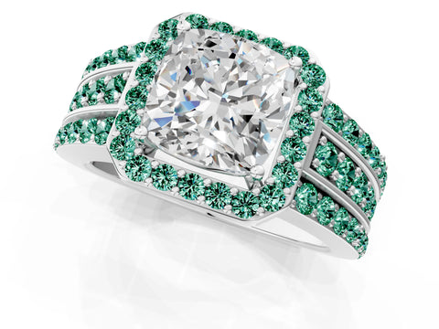 White gold Cushion Cut Halo Diamond Ring with Round with Green Sapphire side stone Split Shank and Prong Setting_37