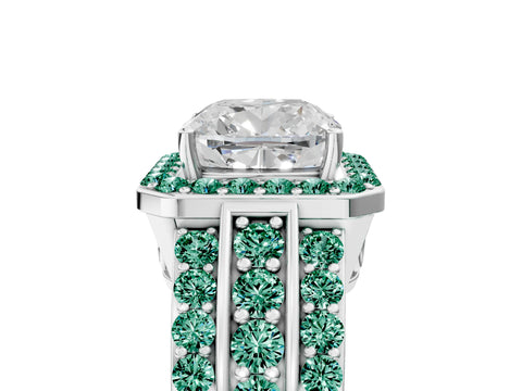 White gold Cushion Cut Halo Diamond Ring with Round with Green Sapphire side stone Split Shank and Prong Setting_37
