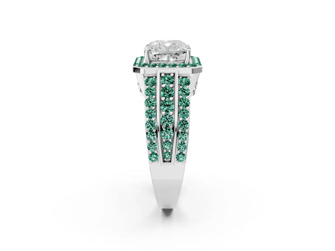 White gold Cushion Cut Halo Diamond Ring with Round with Green Sapphire side stone Split Shank and Prong Setting_38