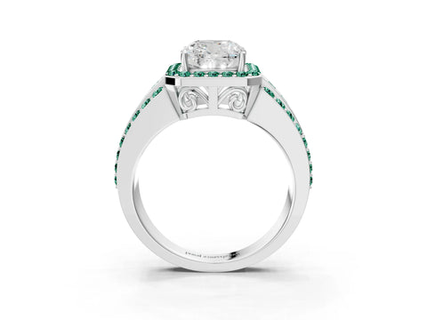 White gold Cushion Cut Halo Diamond Ring with Round with Green Sapphire side stone Split Shank and Prong Setting_39