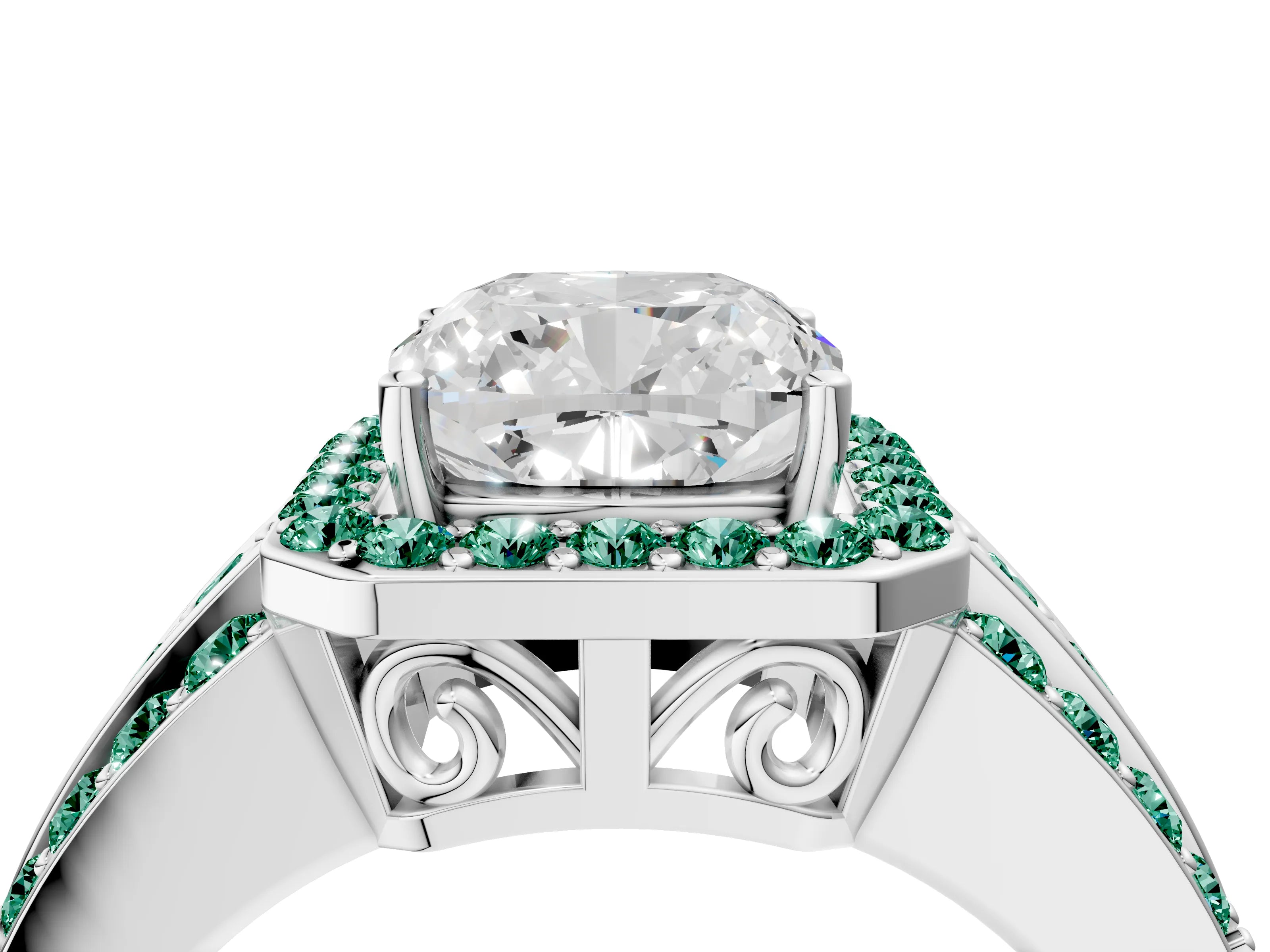 White gold Cushion Cut Halo Diamond Ring with Round with Green Sapphire side stone Split Shank and Prong Setting_40