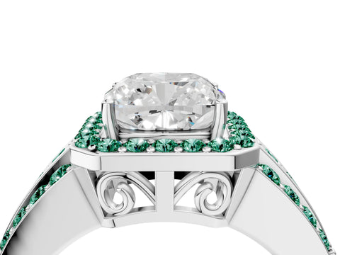 White gold Cushion Cut Halo Diamond Ring with Round with Green Sapphire side stone Split Shank and Prong Setting_40