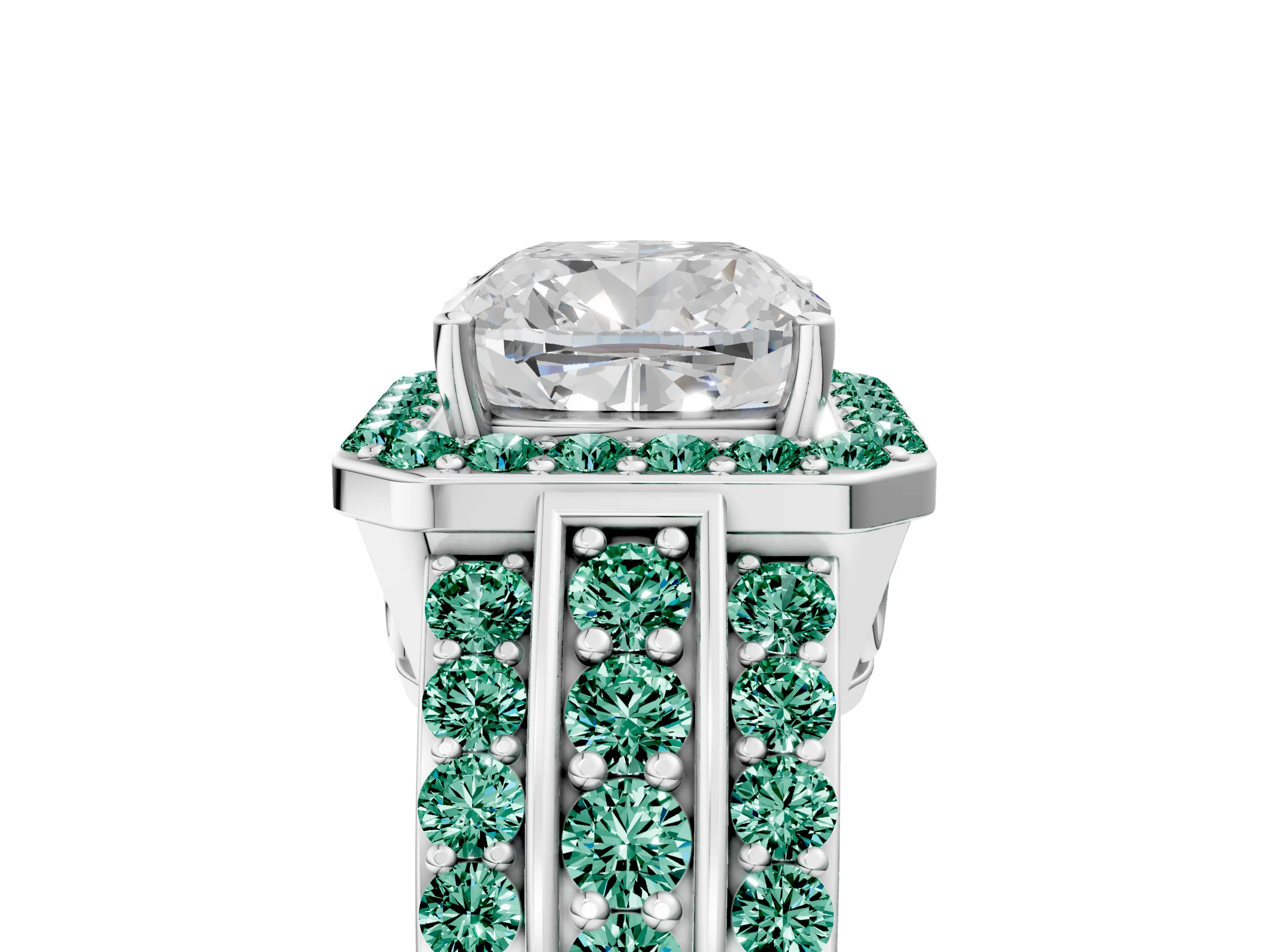 White gold Cushion Cut Halo Diamond Ring with Round with Green Sapphire side stone Split Shank and Prong Setting_41