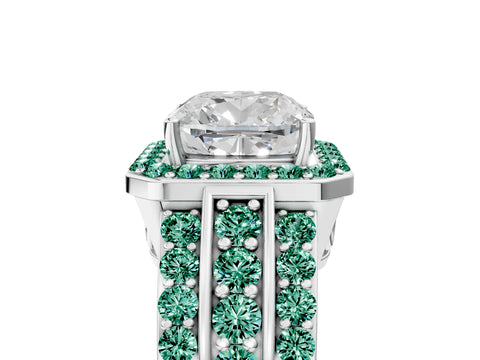 White gold Cushion Cut Halo Diamond Ring with Round with Green Sapphire side stone Split Shank and Prong Setting_41