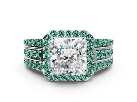 White gold Cushion Cut Halo Diamond Ring with Round with Green Sapphire side stone Split Shank and Prong Setting_44