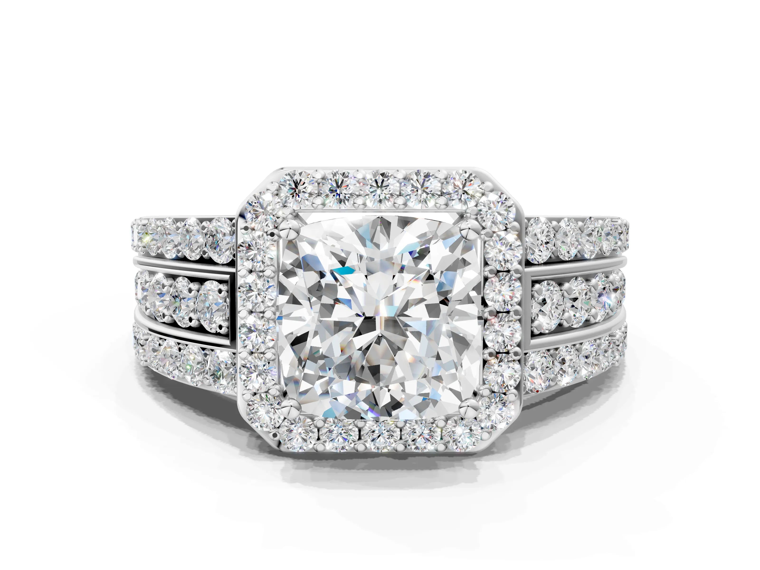 White gold Cushion Cut Halo Diamond Ring with Round with Moissanite side stone Split Shank and Prong Setting_36