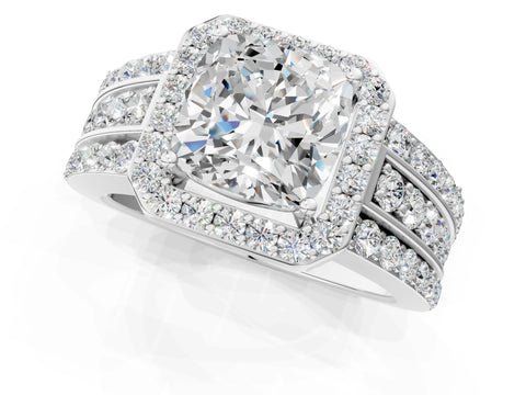 White gold Cushion Cut Halo Diamond Ring with Round with Moissanite side stone Split Shank and Prong Setting_37