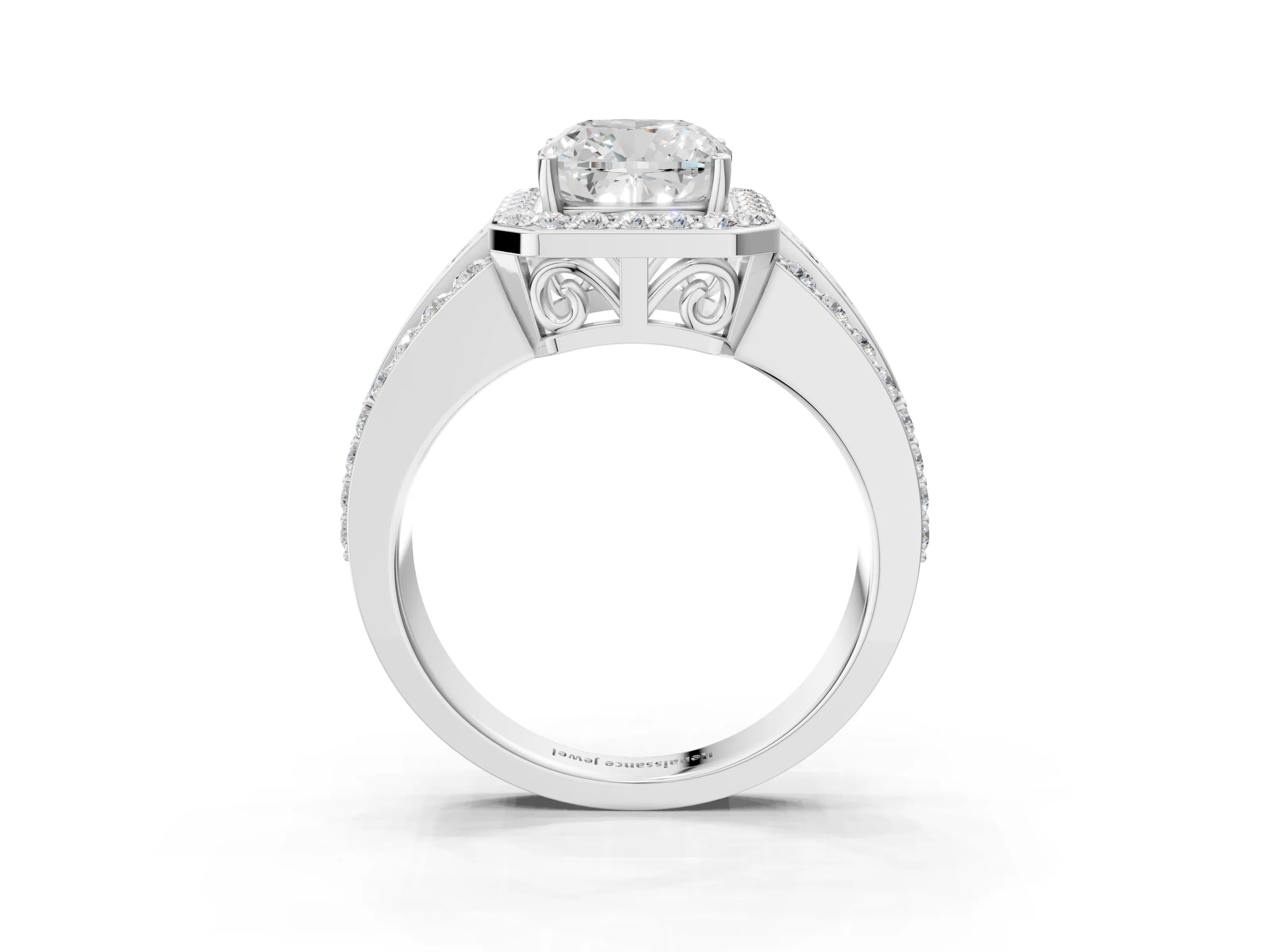 White gold Cushion Cut Halo Diamond Ring with Round with Moissanite side stone Split Shank and Prong Setting_39