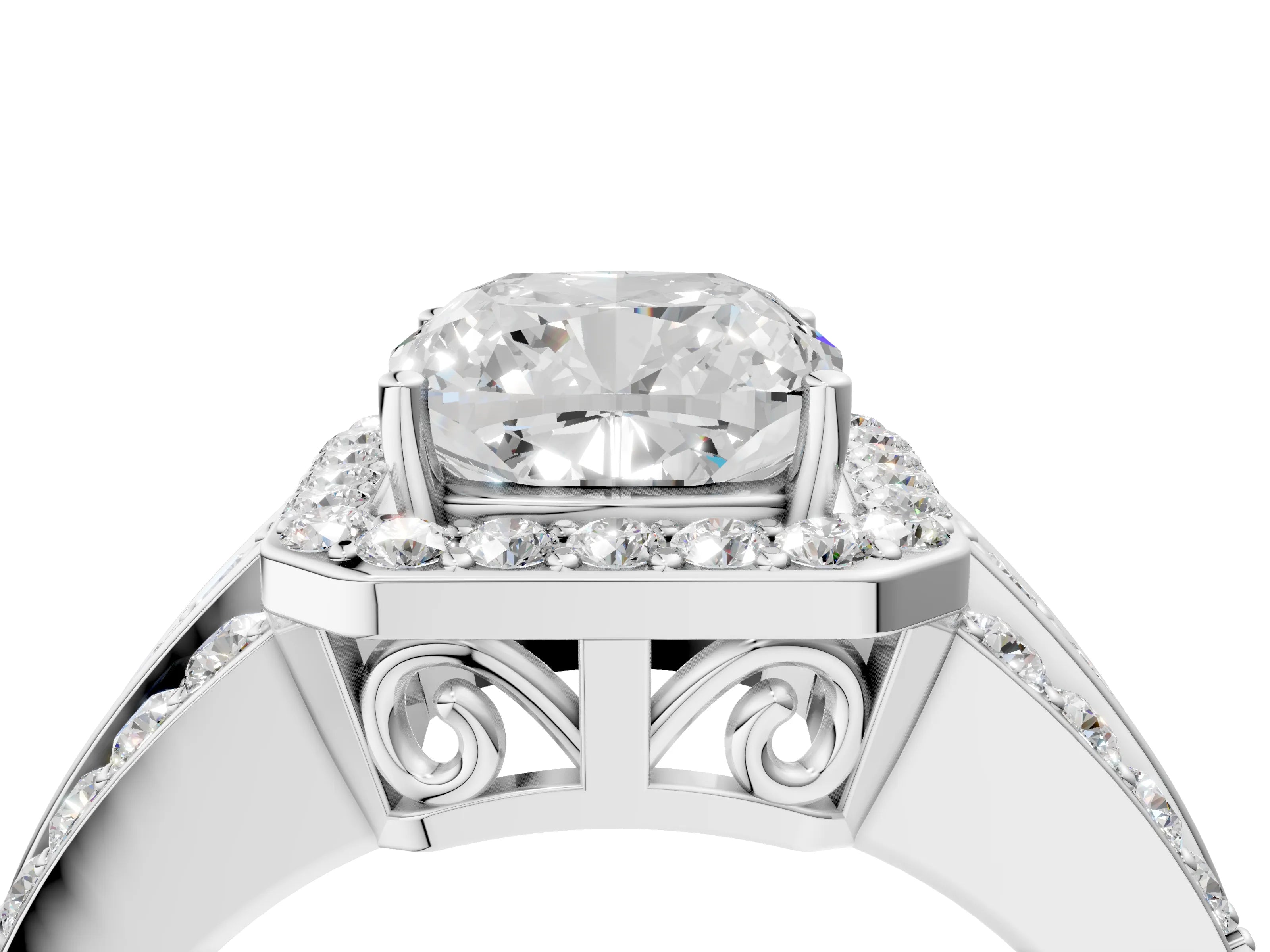 White gold Cushion Cut Halo Diamond Ring with Round with Moissanite side stone Split Shank and Prong Setting_40