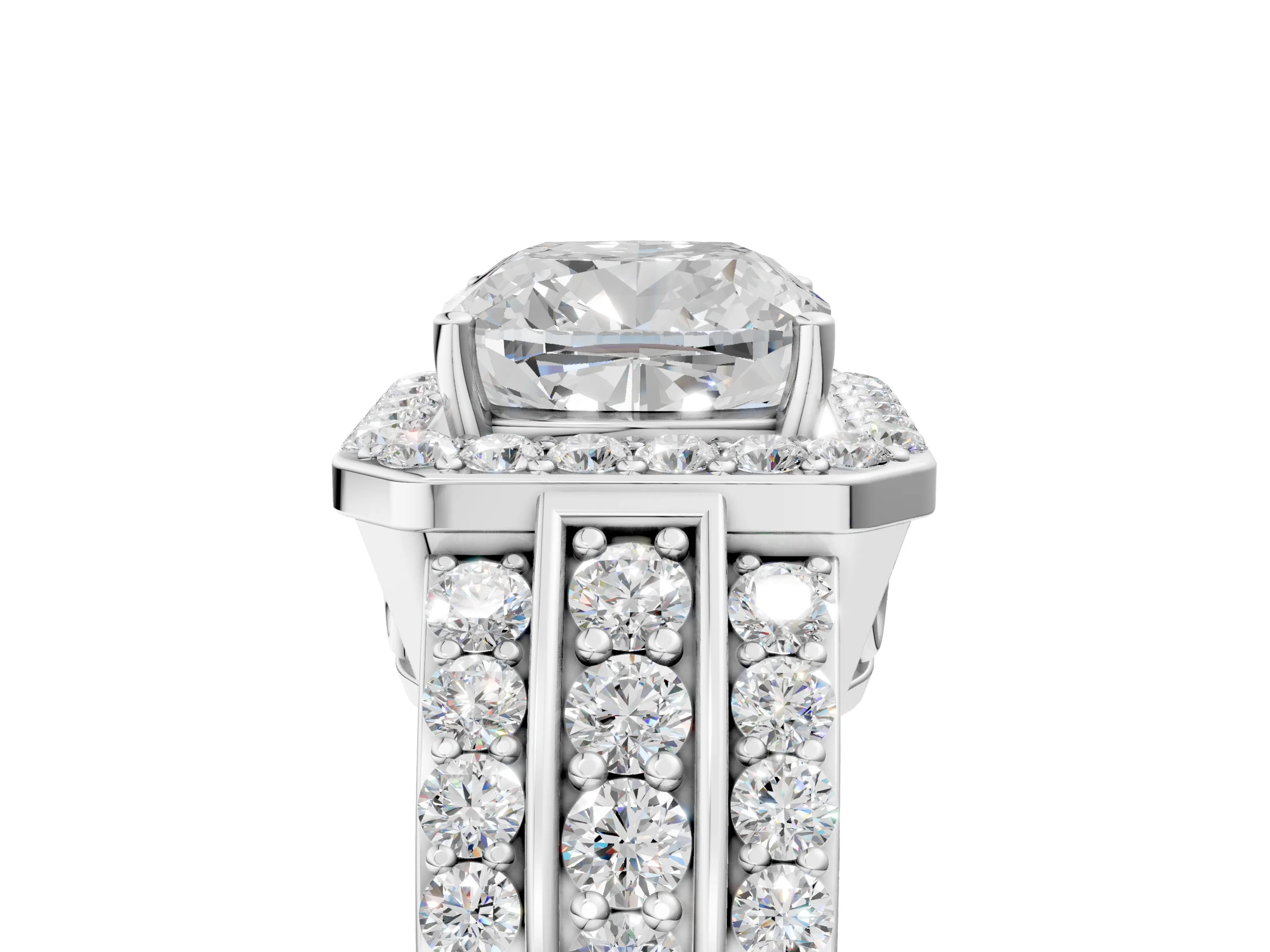 White gold Cushion Cut Halo Diamond Ring with Round with Moissanite side stone Split Shank and Prong Setting_41