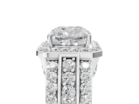 White gold Cushion Cut Halo Diamond Ring with Round with Moissanite side stone Split Shank and Prong Setting_41
