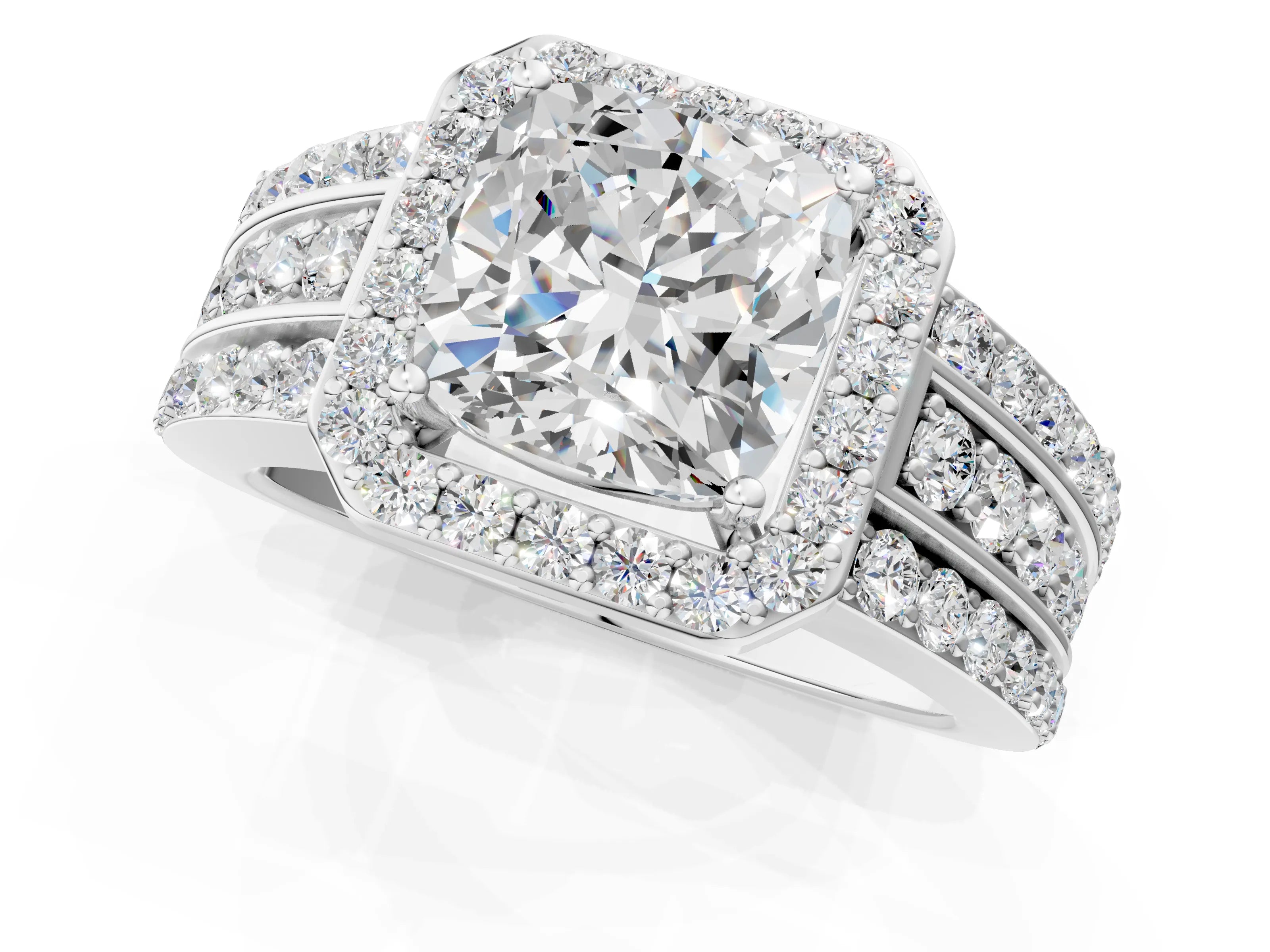 White gold Cushion Cut Halo Diamond Ring with Round with Moissanite side stone Split Shank and Prong Setting_49