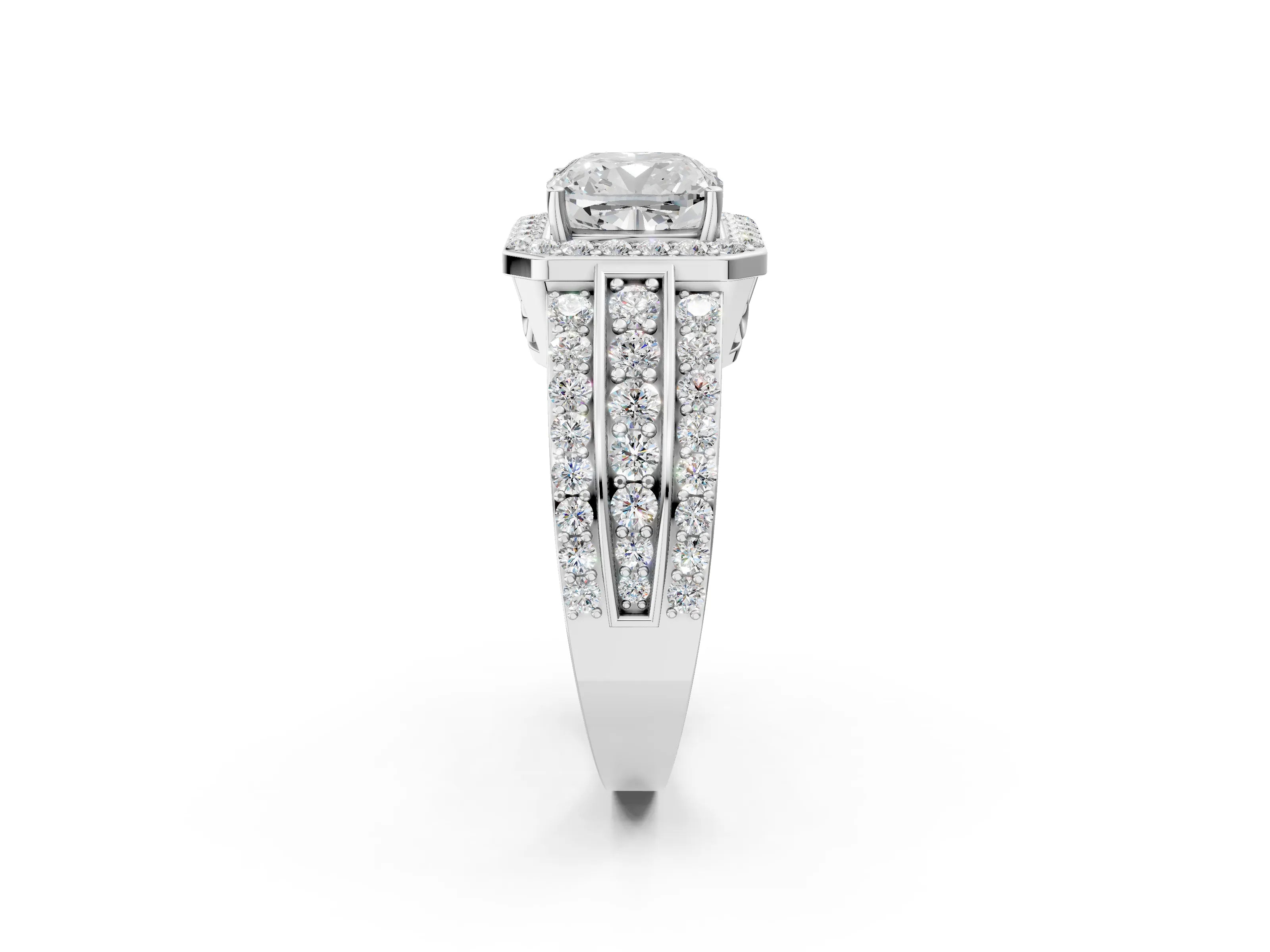 White gold Cushion Cut Halo Diamond Ring with Round with Moissanite side stone Split Shank and Prong Setting_50