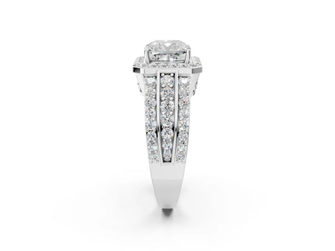 White gold Cushion Cut Halo Diamond Ring with Round with Moissanite side stone Split Shank and Prong Setting_50