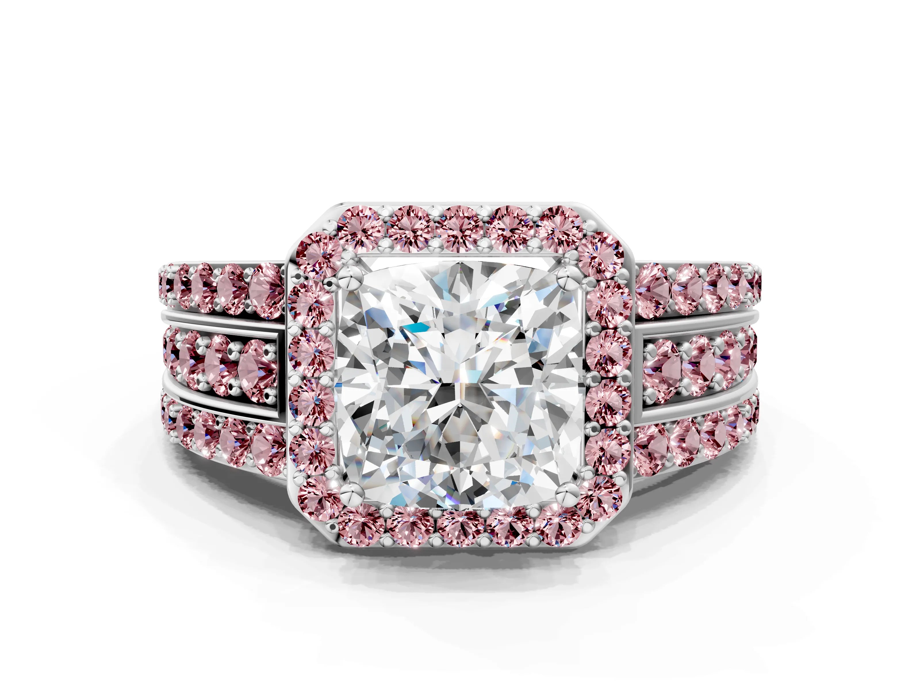 White gold Cushion Cut Halo Diamond Ring with Round with Morganite side stone Split Shank and Prong Setting_36