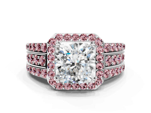 White gold Cushion Cut Halo Diamond Ring with Round with Morganite side stone Split Shank and Prong Setting_36